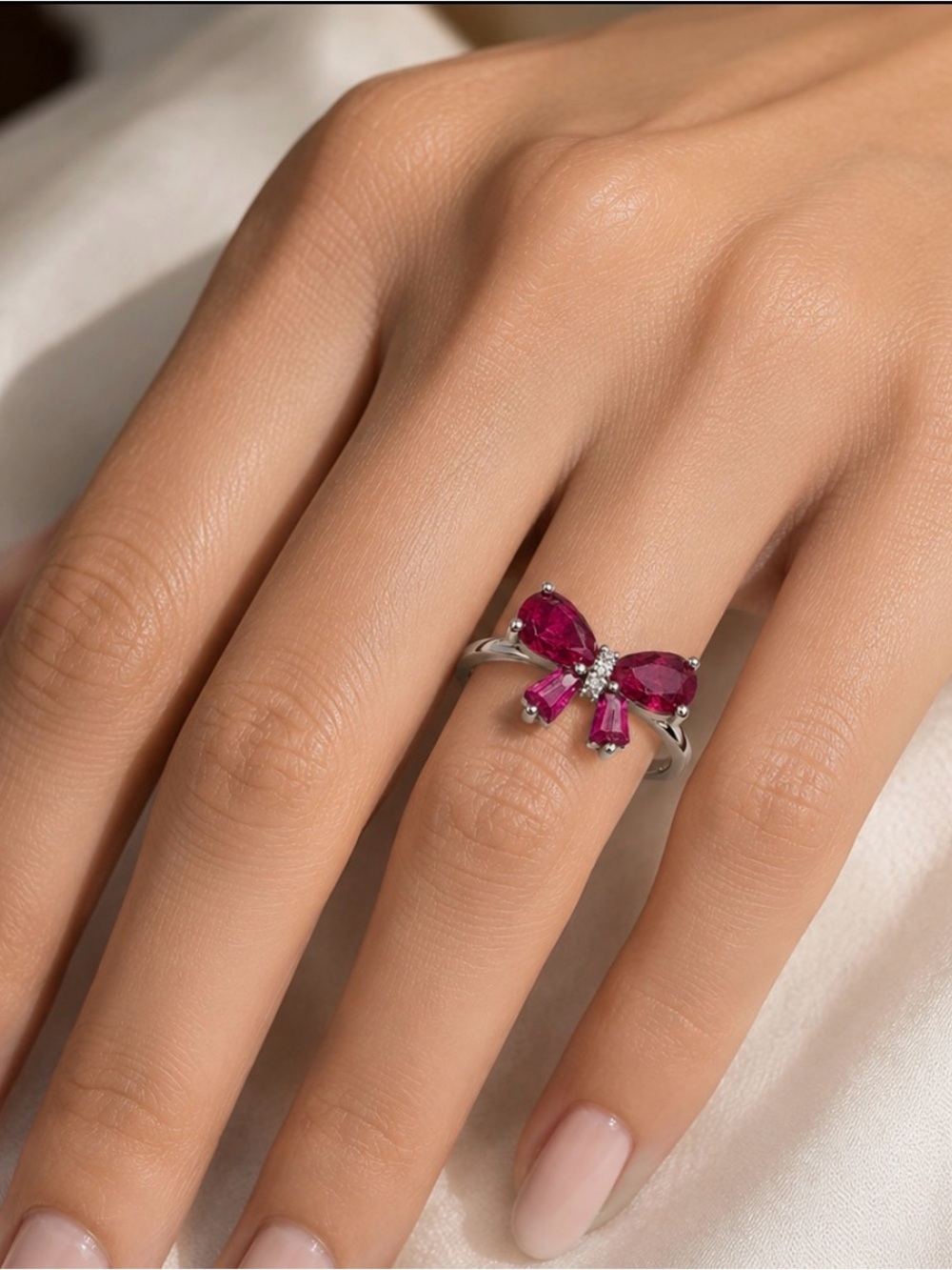 Red Ribbon Bow Ring Sterling Silver Ruby & Pave CZs - Picture 2 of 7
